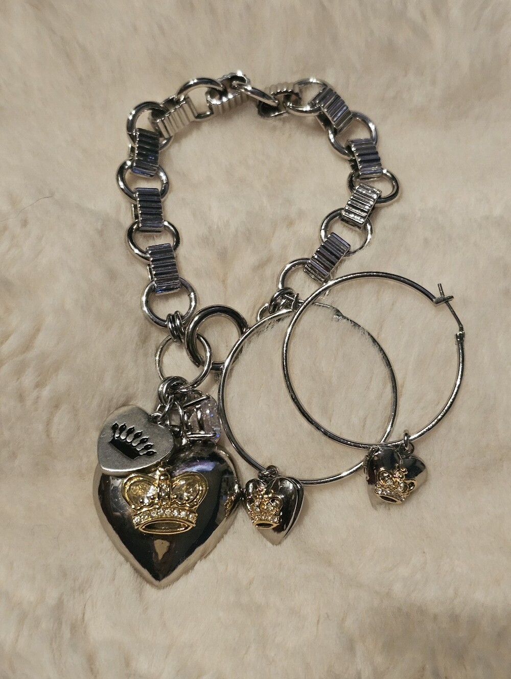 Vintage Juicy coutur Silver-tone Heart & Crown Charm Bracelet with Hoop Earrings